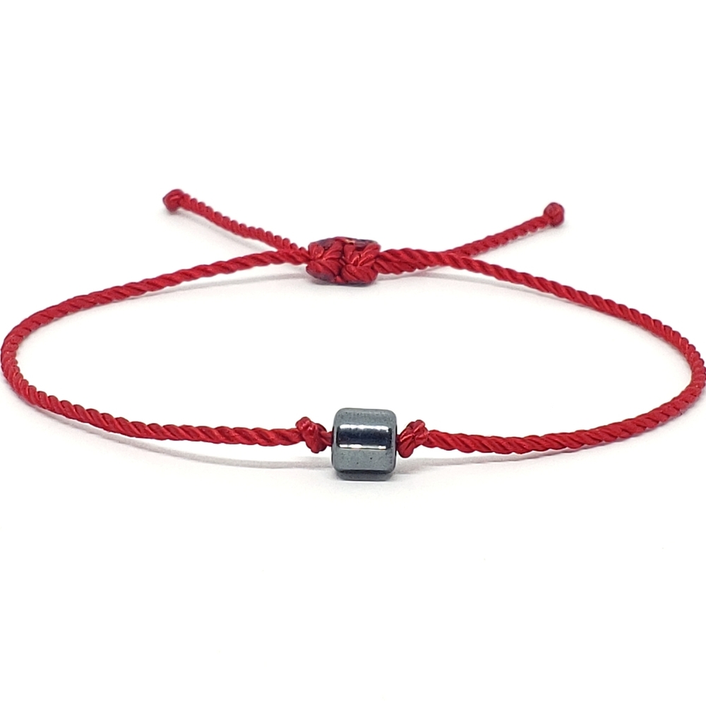 Red string bracelet with hematite bead, adjustable wristband